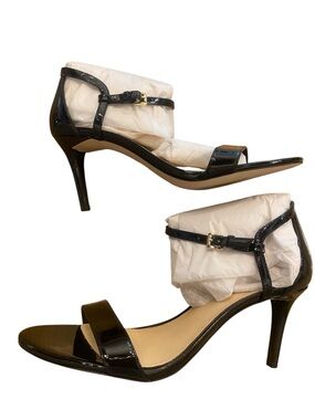 Michael Kors Women  Black Patent Ankle Strap Simone Mid Heel Stiletto New Size 9